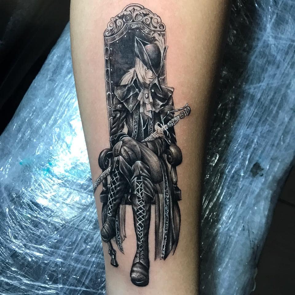 Black and grey tattoo of Lady Maria from Bloodborne, captured in her iconic seated pose with a sword